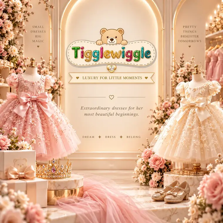The Tiggle Wiggle maison, dresses on mannequins amid florals, gifts and glowing archways